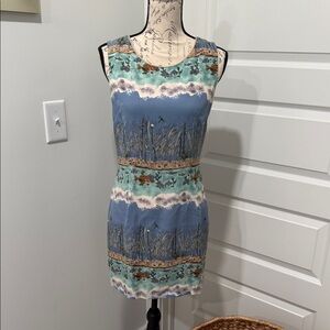 100% Silk Elegant Blue and Cream Mini Dress